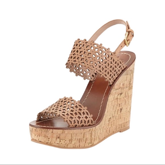 New Tory Burch Daisy Leather Floral Wedge Sandal - Picture 2 of 8